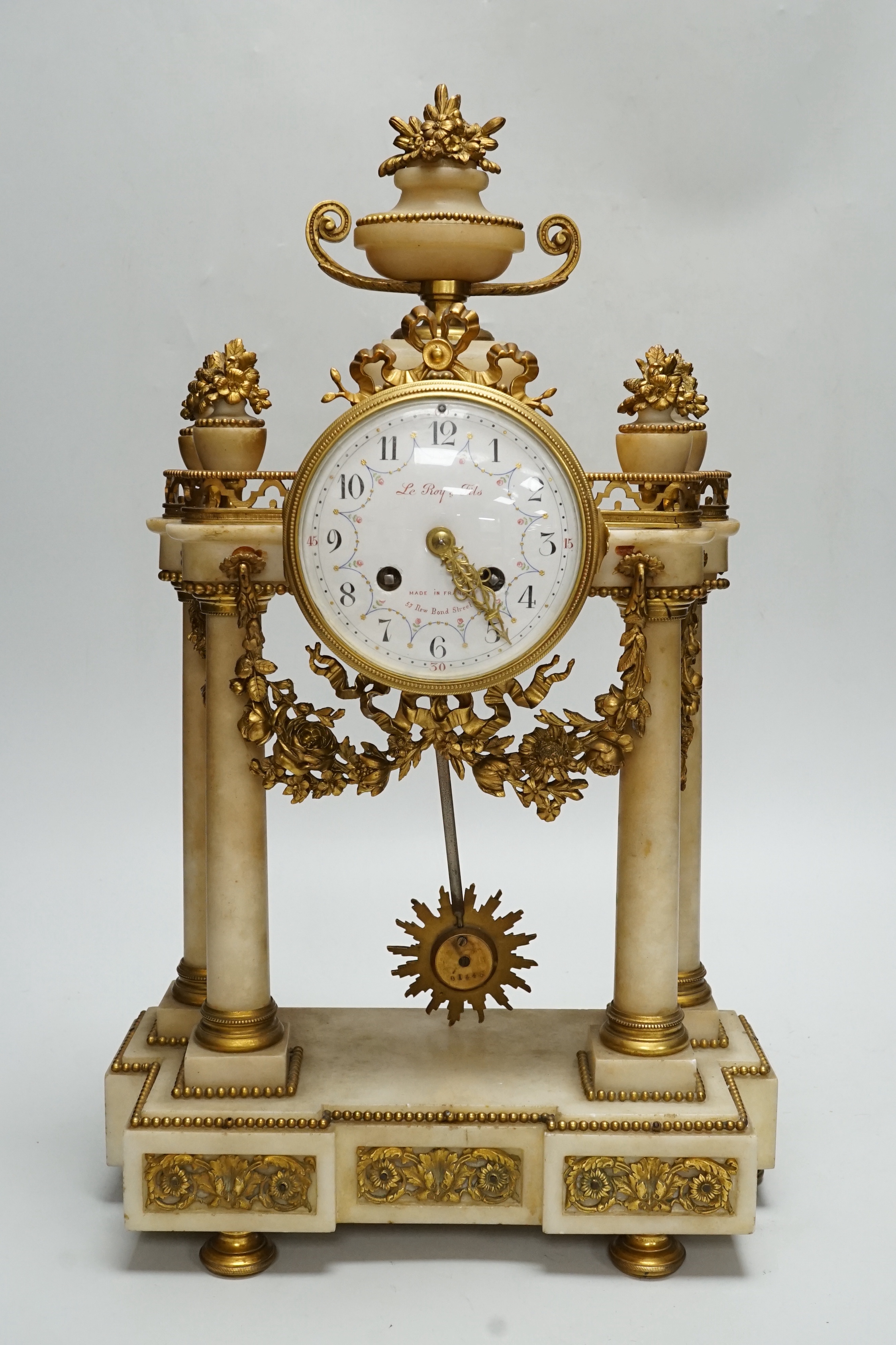 A late 19th century French alabaster and ormolu mounted mantel clock by Le Roy & Fils, key and pendulum, 46cm, NB: From the Estate of Rt Hon Lord Lawson of Blaby